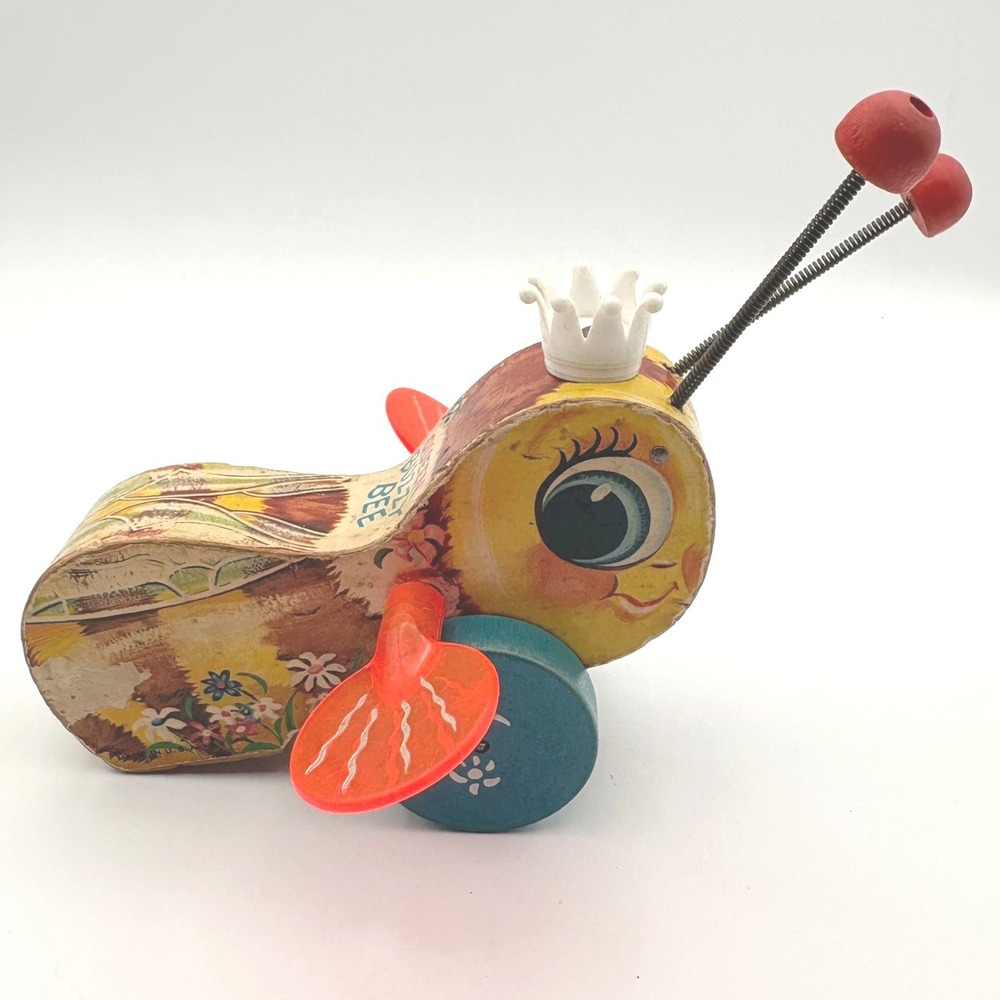 Vintage 1956 Fisher Price 444 Queen Buzzy Bee Wooden Pull Toy Working Crown